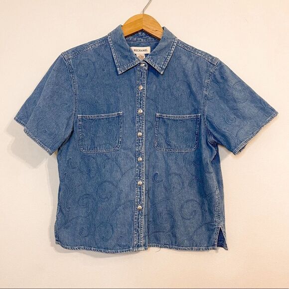 Vintage Denim Cropped Embroidered Filigree Button Down Top Size Large - Picture 1 of 6